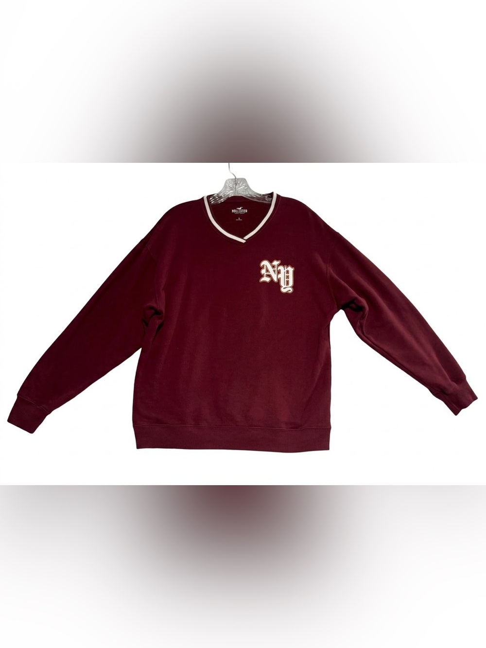 Hollister NY Varsity V-Neck Sweatshirt Size Small Maroon Collegiate Fleece